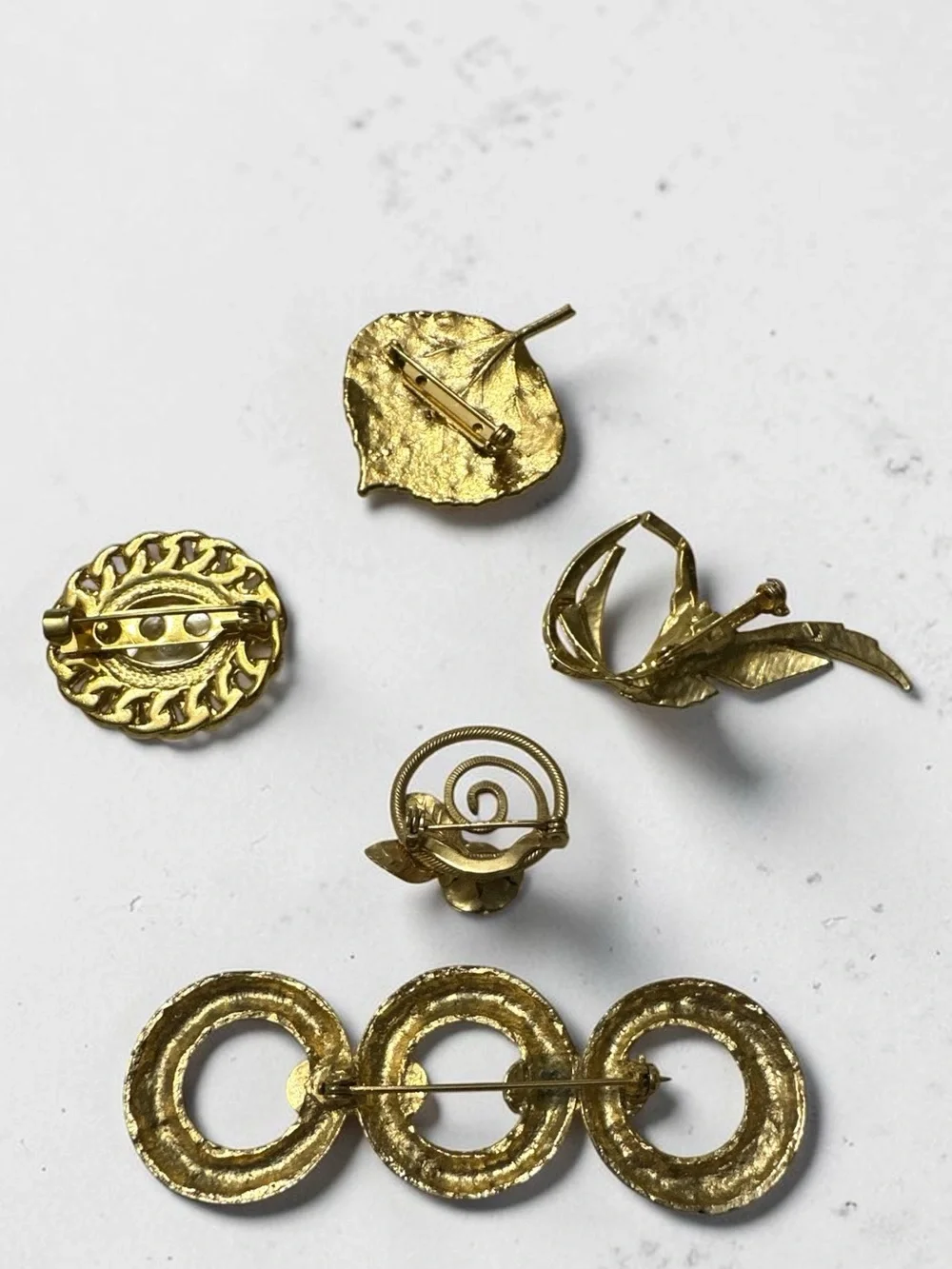 Gold-Tone Vintage Brooch Lot - Leaf, Chain & Pearl Styles